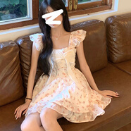 渝鼎福夏季甜美碎花連衣裙子女士短款小個子顯瘦遮肚子蓬蓬裙沙灘度假風 小飛袖法式碎花紗裙 S 【100斤以下】