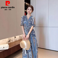 皮爾卡丹（pierre cardin）印花中長款法式新款A(yù)字裙v領(lǐng)顯瘦民族風(fēng)短袖開叉淑女復(fù)古25夏度假 圖片色 L