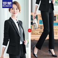 羅蒙職業(yè)小西裝套裝女士氣質(zhì)西裝外套秋冬經(jīng)理時(shí)尚新款長(cháng)袖西服工作服 黑B款西裝兩扣+九分褲(可系腰帶 5XL 建議142-152斤