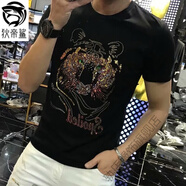狄帝鯊 歐洲站夏季新款潮流時(shí)尚男裝重工燙鉆冰絲t恤男印花棉質(zhì)短袖男士 四方-T3021純棉【黑色】 3XL