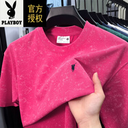 花花公子（PLAYBOY）短袖t恤男2025夏新款純棉常規免燙處理潮體恤 7789N玫紅色 M 165建議90-115斤