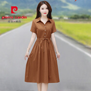 皮爾卡丹（PIERRE CARDIN）洋派媽媽休閑棉麻洋裝女2025夏小個(gè)子遮肚子收腰系帶寬松中長裙 焦糖色 L :::建議105-114斤