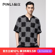 PINLI品立短袖T恤男夏季潮牌幾何格子印花V領(lǐng)半袖男士體恤 黑色 2XL 185