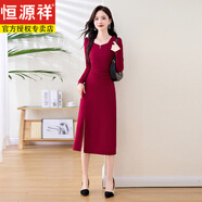 恒源祥中年喜慶連衣裙女長袖2025新款春秋季高品質(zhì)方領(lǐng)氣質(zhì)修身大碼裙子   紅色   M