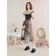 兩三事暮色詩(shī)行 2025夏季新款復古一字肩露肩條紋印花泡泡袖連衣裙 杏色 L