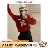 VEGA CHANG羊毛針織衫女2025年春秋季新款設(shè)計(jì)感甜美風(fēng)系帶小熊毛衣 復(fù)古紅 均碼