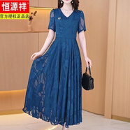 恒源祥中國(guó)風(fēng)淑女?huà)孧媽洋氣連衣裙大尺碼2025夏新款復(fù)古顯瘦過(guò)膝長(zhǎng)裙子 淑女藍(lán) 5XL 建議(165-185斤)