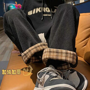山森南獅燈芯絨闊腿褲男春秋新款韓版簡約格子翻邊直筒褲港風(fēng)休閑運(yùn)動(dòng)長褲 黑格子卷邊 加絨 S 【80斤以內(nèi)】
