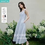 茵曼（INMAN）法式收腰顯瘦方領吊帶連衣裙女裝2025夏季新品長裙子 藍色 L