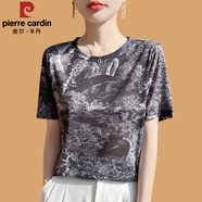 皮爾卡丹（pierre cardin）夏季桑蠶絲短袖t恤女裝大碼顯瘦2025款圓領(lǐng)印花洋氣寬松上衣小衫 雅致灰韻 XL 建議120-130斤