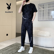 花花公子潮牌短袖t恤男夏季時尚衣服長褲男裝兩件套仿亞棉麻休閑運動套裝 CJ8908黑色 L （115-130斤）