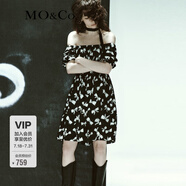 MO&Co.混紡蝴蝶結泡泡袖露肩兩穿黑白連衣裙氣質(zhì)裙子女 黑底白花色 S 160