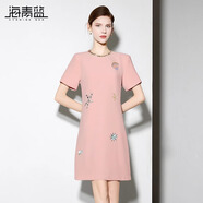 海青藍(lán)短袖連衣裙女夏2025新款短袖圓領(lǐng)繡花時(shí)尚氣質(zhì)溫柔裙子 粉色 S