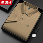 恒源祥高端純棉短袖T恤男士夏季POLO體恤衫絲光棉翻領(lǐng)老虎頭半袖男上衣 深卡其 L 175【建議120-140斤】