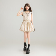 凱莉歐KEIKO 俏皮風(fēng)小碎花無(wú)袖花苞裙夏季小個(gè)子抽繩收腰背心裙連衣裙 杏色 米 XL