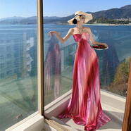 智立冠歐美性感抹胸露背系帶壓褶大擺漸變色連度假衣裙2025夏季新款 圖色 L