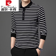 皮爾卡丹（pierre cardin）秋季新款T恤男撞色細條斑馬紋潮流中青年翻領(lǐng)Polo衫外穿秋衣體恤 黑色 M