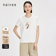 納薇（naivee）商場同款夏新款白色印花圓領(lǐng)合身短袖T恤女休閑上衣 白色 S 155/80A