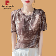 皮爾卡丹（pierre cardin）夏季桑蠶絲短袖t恤女裝大碼顯瘦2025款圓領(lǐng)印花洋氣寬松上衣小衫 棕白韻律 XL 建議120-130斤