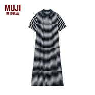 無印良品 MUJI 女式 新疆棉珠地網(wǎng)眼編織 短袖POLO連衣裙 海軍藍X橫條 M-L