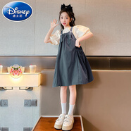 迪士尼（Disney）女童夏裝套裝2024中大童學(xué)生時(shí)髦韓版泡泡袖襯衫口袋背帶裙兩件套 灰色 160 建議身高150-160年齡12-14歲