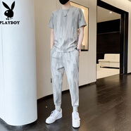 花花公子（PLAYBOY）冰絲短袖t恤男士套裝男夏季潮流修身帥氣九分長(zhǎng)褲休閑運(yùn)動(dòng)兩件套 灰色506 套裝 2XL 140-155斤