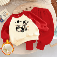 凱蒂貓（hellokitty）女童加絨衛(wèi)衣長(zhǎng)褲運(yùn)動(dòng)套裝凱蒂貓卡通洋氣兒童寶寶秋冬保暖休閑服 紅色套裝【開車狗】 120
