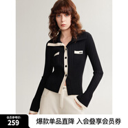 ELLE黑白撞色喇叭袖休閑毛針織衫女2024秋季新款修身顯瘦毛衣開衫 黑色 M