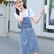 啄木鳥夏季牛仔背帶裙女薄款小個(gè)子2025新款收腰磨破減齡連衣裙子兩件套 單件淺藍(lán)背帶裙 S 96斤內(nèi)