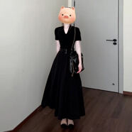 爾山集法式赫本風(fēng)黑色連衣裙女早秋長(cháng)裙新款收腰顯瘦氣質(zhì)淑女長(cháng)裙 黑色赫本風(fēng)連衣裙含腰帶L