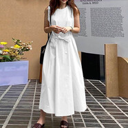 FMYVFY日韓簡約女夏純色連衣裙日系女裝棉麻無袖圓領(lǐng)A字裙 中長休閑女裙 白色 S