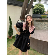 GOYN大碼寬松胖mm300斤拼接碎花連衣裙女夏季新款甜美減齡娃娃領(lǐng)裙子 黑色(現貨) 2XL _140-190斤