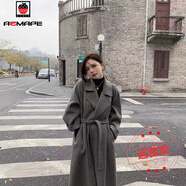 AEMAPE毛呢外套女2025春秋韓版寬松系帶加厚雙面絨百搭顯瘦長款大衣女 灰色  XL _建議140-170斤