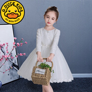 G.duck兒童連衣裙女童禮服秋冬主持人十歲婚紗花童參加婚禮小女孩公主裙 白色不加絨春秋款 120 cm適合110-120cm年齡5-6歲