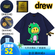Drew笑臉短袖卡通恐龍潮牌賈斯汀比伯寬松情侶休閑百搭純棉短袖T 叁標齊全-藏青色260克100%純棉 M （85-115斤）156-163cm