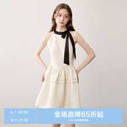 樂町撞色掛脖連衣裙漏肩無袖裙A擺設(shè)計(jì)小禮服連衣裙 米黃（現(xiàn)貨） S