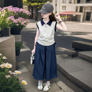 巴萊恩娜女童POLO衫套裝夏季2025新款潮兒童休閑夏裝女孩牛仔闊腿褲兩件套 上衣【單件T恤】 160 cm