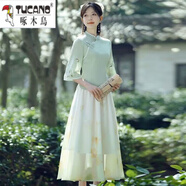 啄木鳥新中式漢元素禪意茶服旗袍兩件套改良漢服女文藝國風(fēng)仙氣上衣套裝 綠色上衣+杏色裙子【兩/件套】 L 建議100-110斤