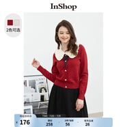 InShop【商場同款】新款甜美花邊娃娃領(lǐng)針織衫女蝴蝶結(jié)氣質(zhì)上衣 復古紅色 S