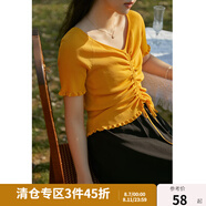 獨(dú)束【多色可選】大碼女裝抽繩褶皺大V領(lǐng)短袖針織衫女短款甜美上衣 黃色 XL