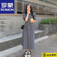 羅蒙（ROMON）小香風(fēng)休閑條紋連衣裙女t夏季韓版寬松棉質(zhì)T恤長(zhǎng)裙顯瘦減齡 官方旗艦灰藍(lán)色條紋中長(zhǎng)裙 S 【建議75-95斤】
