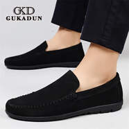 古卡頓（GUKADUN）頭層牛皮男鞋秋季新款豆豆鞋男士套腳真皮男鞋一腳蹬駕車(chē)休閑皮鞋 黑色 38
