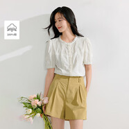 茵曼法式荷葉領(lǐng)全棉刺繡襯衫夏季女裝浪漫短袖氣質(zhì)襯衣 米白色  XL