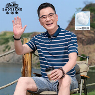 老爺車中老年人短袖t恤男夏季爸爸衣服條紋休閑寬松翻領真口袋實用禮物 藏青色 M /170