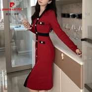 皮爾卡丹（pierre cardin）2025冬季氣質(zhì)洋氣紅色小香風(fēng)連衣裙成熟御姐收腰包臀V領(lǐng)裙子女裝 紅色 S