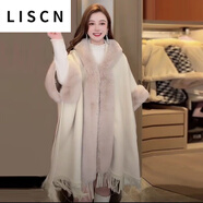 LISCN紅色圣誕節(jié)斗篷披肩外套女秋冬新款過年中長款加絨加厚大衣 米白 薄款 均碼 90斤—170斤左右