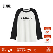 森馬長袖T恤女中長款印花插肩袖拼色春裝趣味寬松圖案打底衫小眾 白黑色調(diào)00319 M