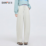 三福（SANFU）休閑褲2025新款春季時(shí)尚撞色松緊腰寬松直筒長(cháng)褲子女裝497137 杏灰色 S