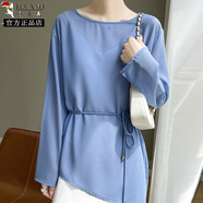 啄木鳥(niǎo)喬其紗不規則防曬衣女寬松外套上衣設計感夏季溫柔風(fēng)微透長(cháng)袖T恤 藍色 M