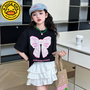 哈羅小黃鴨 HAL.DUCK女童短袖T恤夏裝套裝2025新款夏季大童女孩衣服寬松上衣半袖體恤 黑色上衣 120 cm